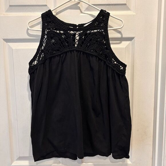 Time and Tru Crochet Yoke‎ Sleeveless Top Black Cotton Modal Size Large Boho - Picture 1 of 7